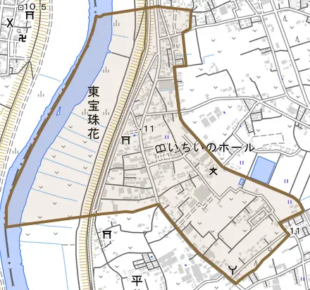 東宝珠花とその周辺の地図。町の範囲を重ねている