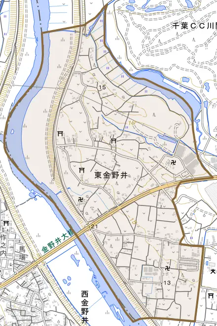 東金野井とその周辺の地図。町の範囲を重ねている