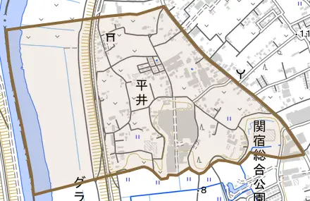 平井とその周辺の地図。町の範囲を重ねている