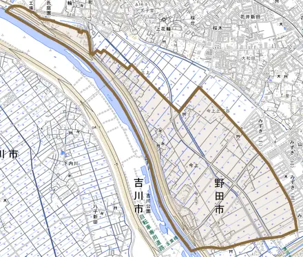 今上とその周辺の地図。町の範囲を重ねている