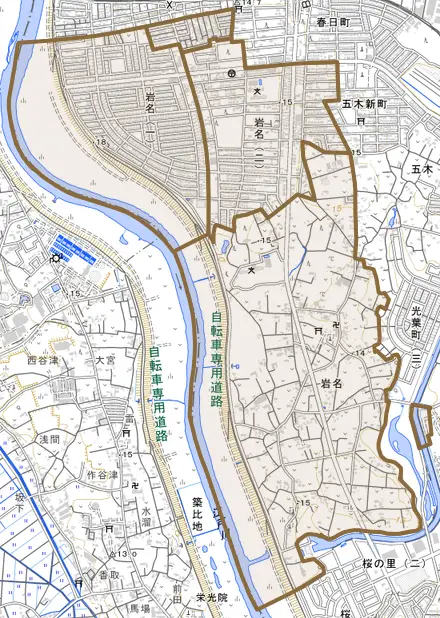 岩名とその周辺の地図。町の範囲を重ねている