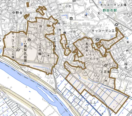 上花輪とその周辺の地図。町の範囲を重ねている
