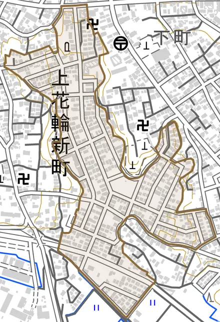 上花輪新町とその周辺の地図。町の範囲を重ねている