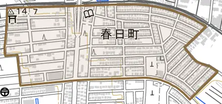 春日町とその周辺の地図。町の範囲を重ねている