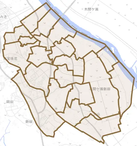 木間ケ瀬とその周辺の地図。町の範囲を重ねている