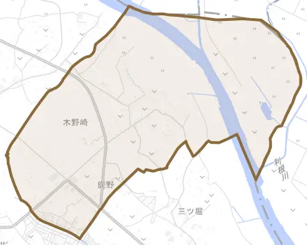 木野崎とその周辺の地図。町の範囲を重ねている