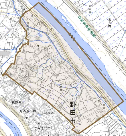 古布内とその周辺の地図。町の範囲を重ねている