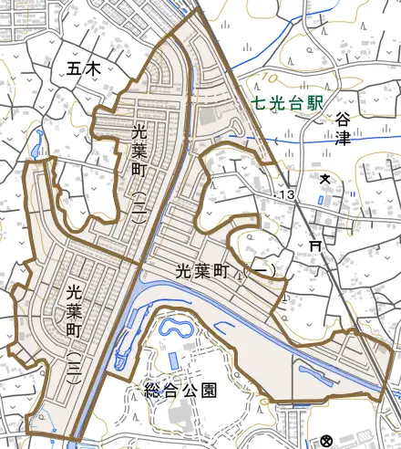 光葉町とその周辺の地図。町の範囲を重ねている