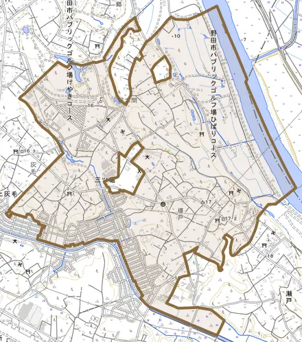 三ツ堀とその周辺の地図。町の範囲を重ねている
