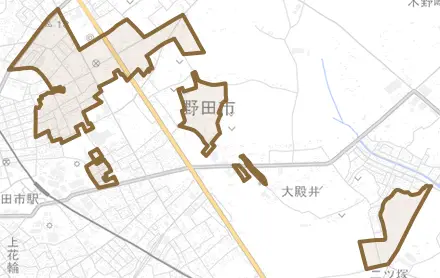 宮崎とその周辺の地図。町の範囲を重ねている