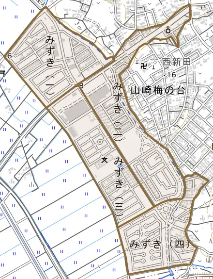 みずきとその周辺の地図。町の範囲を重ねている