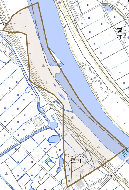 莚打とその周辺の地図。町の範囲を重ねている