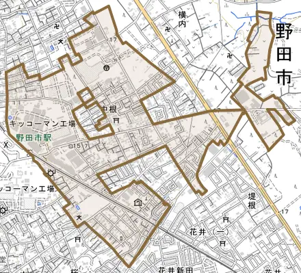 中根とその周辺の地図。町の範囲を重ねている