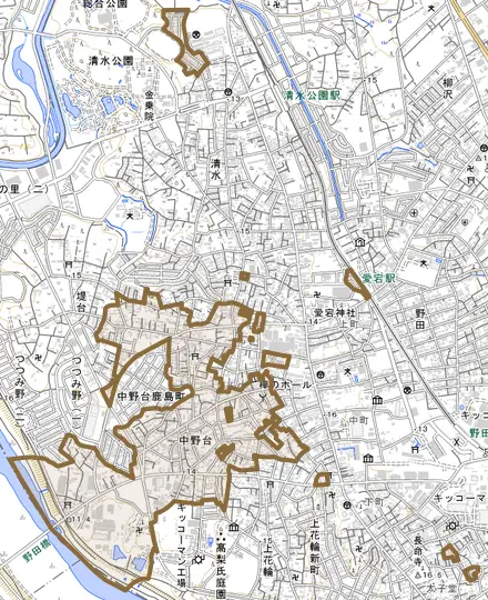 中野台とその周辺の地図。町の範囲を重ねている