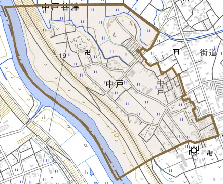 中戸とその周辺の地図。町の範囲を重ねている