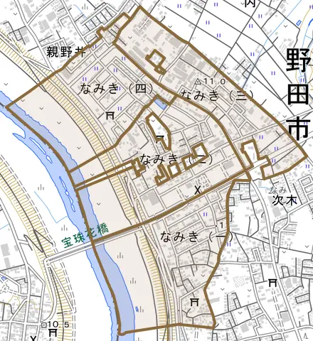 なみきとその周辺の地図。町の範囲を重ねている
