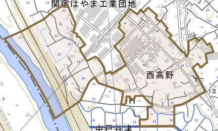 西高野とその周辺の地図。町の範囲を重ねている