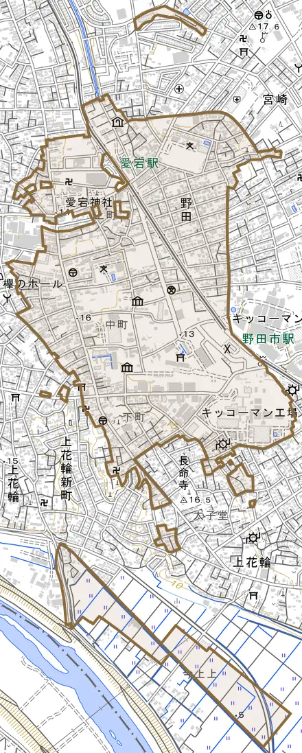 野田とその周辺の地図。町の範囲を重ねている