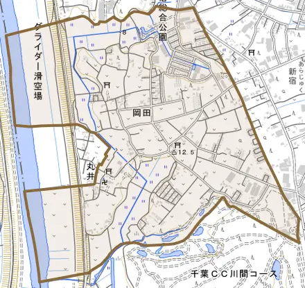 岡田とその周辺の地図。町の範囲を重ねている
