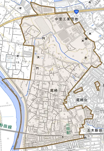 尾崎とその周辺の地図。町の範囲を重ねている