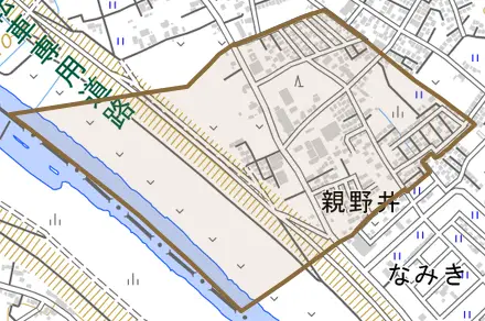 親野井とその周辺の地図。町の範囲を重ねている