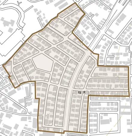 桜木とその周辺の地図。町の範囲を重ねている