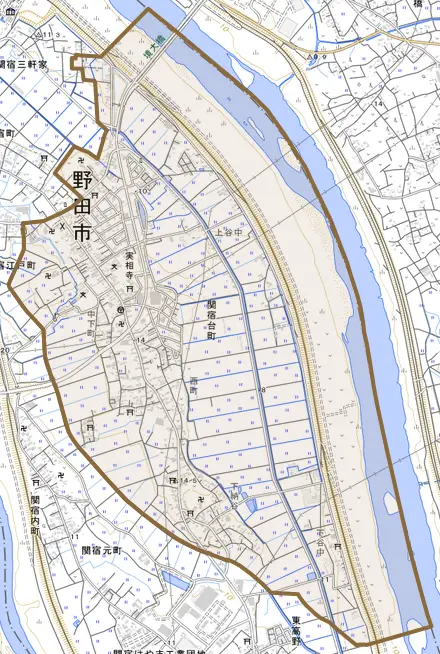 関宿台町とその周辺の地図。町の範囲を重ねている
