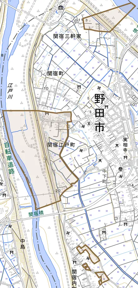 関宿江戸町とその周辺の地図。町の範囲を重ねている