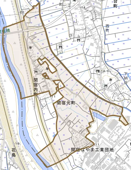 関宿元町とその周辺の地図。町の範囲を重ねている