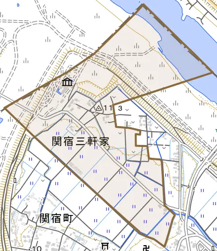 関宿三軒家とその周辺の地図。町の範囲を重ねている