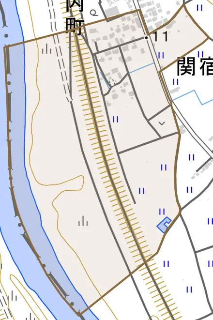 関宿内町とその周辺の地図。町の範囲を重ねている