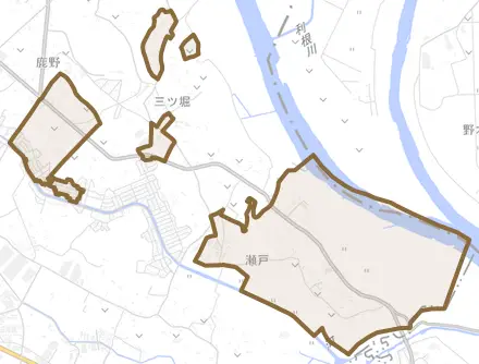 瀬戸とその周辺の地図。町の範囲を重ねている
