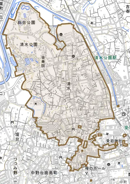 清水とその周辺の地図。町の範囲を重ねている