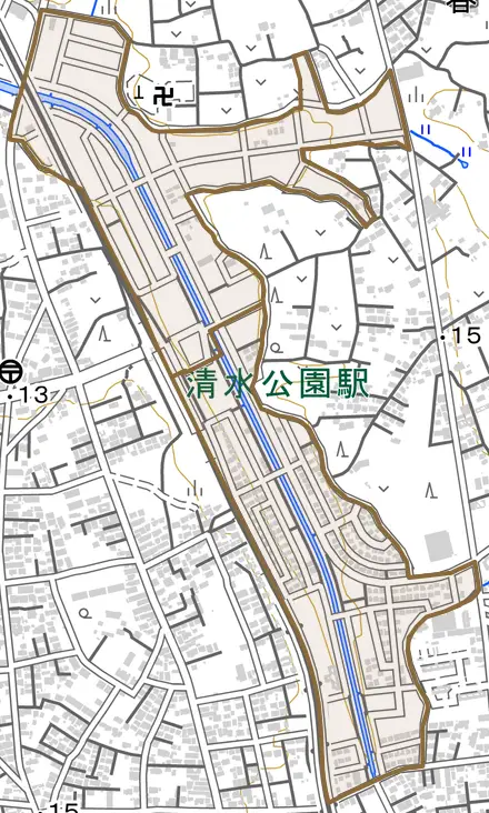 清水公園東とその周辺の地図。町の範囲を重ねている
