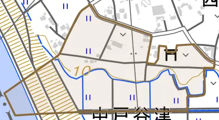 関宿江戸町飛地とその周辺の地図。町の範囲を重ねている