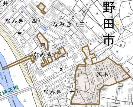 次木とその周辺の地図。町の範囲を重ねている