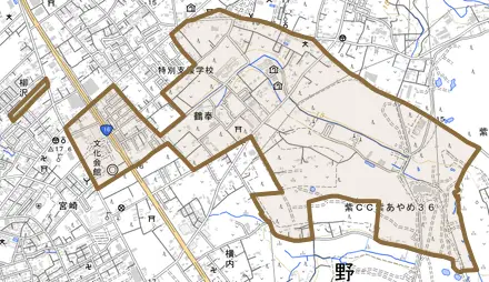 鶴奉とその周辺の地図。町の範囲を重ねている
