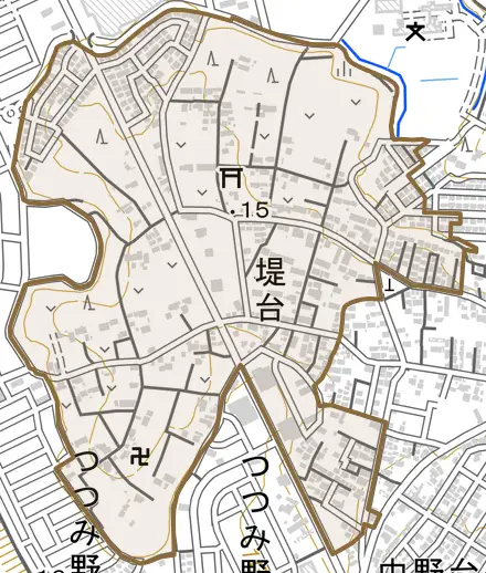 堤台とその周辺の地図。町の範囲を重ねている
