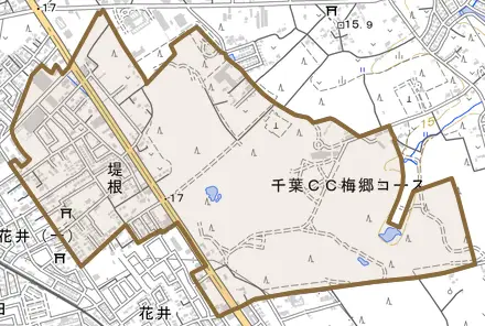 堤根とその周辺の地図。町の範囲を重ねている
