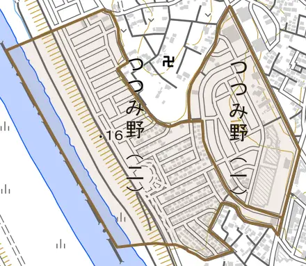 つつみ野とその周辺の地図。町の範囲を重ねている