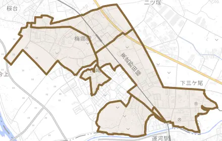 山崎とその周辺の地図。町の範囲を重ねている