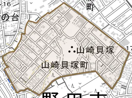 山崎貝塚町とその周辺の地図。町の範囲を重ねている
