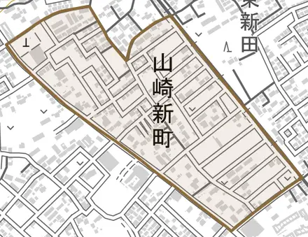 山崎新町とその周辺の地図。町の範囲を重ねている