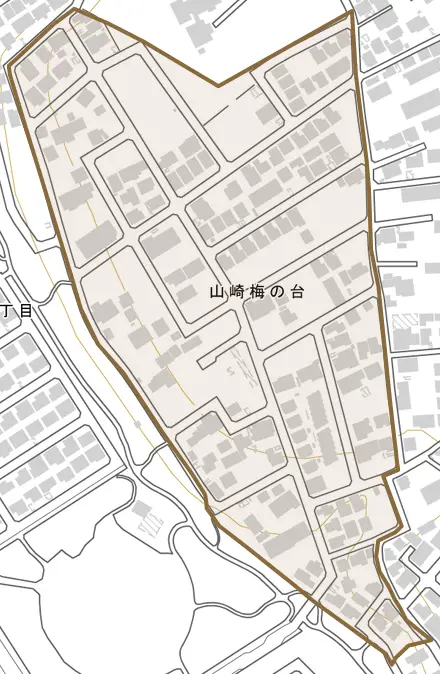 山崎梅の台とその周辺の地図。町の範囲を重ねている