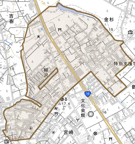 柳沢とその周辺の地図。町の範囲を重ねている