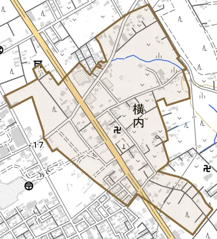 横内とその周辺の地図。町の範囲を重ねている