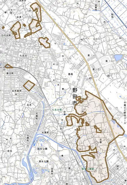 吉春とその周辺の地図。町の範囲を重ねている