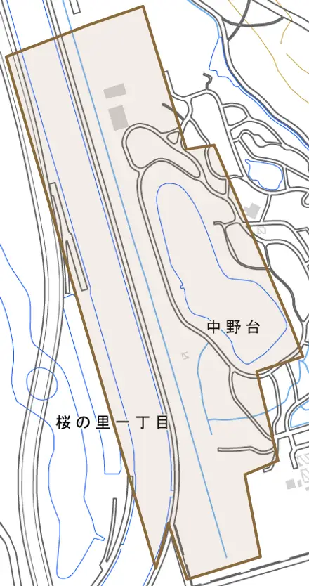 座生とその周辺の地図。町の範囲を重ねている