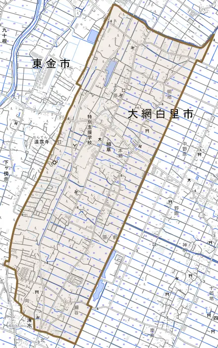 細草とその周辺の地図。町の範囲を重ねている