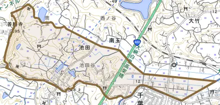 池田とその周辺の地図。町の範囲を重ねている